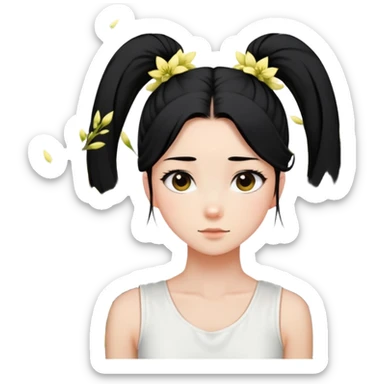 A girl with a high ponytail, a black hair tie, and a sleeveless white top, surrounded by blooming forsythias. sticker