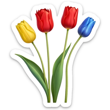 three tulips - one red tulip, one blue tulip, and one yellow tulip sticker