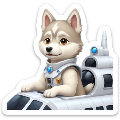 furry white coat husky in full battle gear posing cutely on a space cruiser sticker