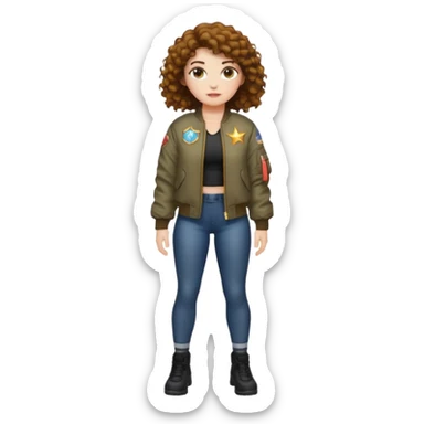 full body woman short curly brown mullet brown eyes white skin muscular build firefly bomber jacket sticker