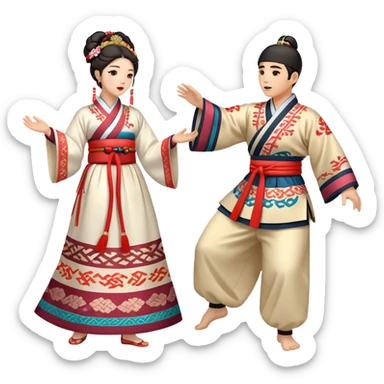 Cinematic Realistic scene of two performers engaging in Ganggangsullae, dressed in traditional Korean costumes with intricate patterns and graceful movements, illuminated by soft, festive lighting that accentuates the cultural ambiance sticker