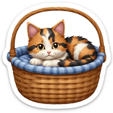 A fluffy kitten curled inside a wicker basket with sleepy eyes. sticker