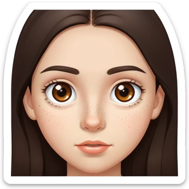 A 12-year-old girl with very long dark brown hair, light brown eyes, thick eyebrows, slightly big lips, a small freckle on her cheek and another small freckle under her eye sticker