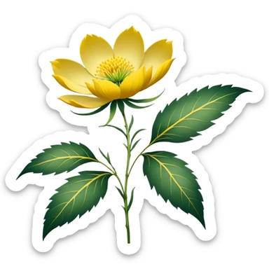 Japanese style Fukujuso (Adonis amurensis) flower in ukiyo-e inspired design, bright golden-yellow petals, green feathery leaves, traditional composition on subtle rice paper texture sticker