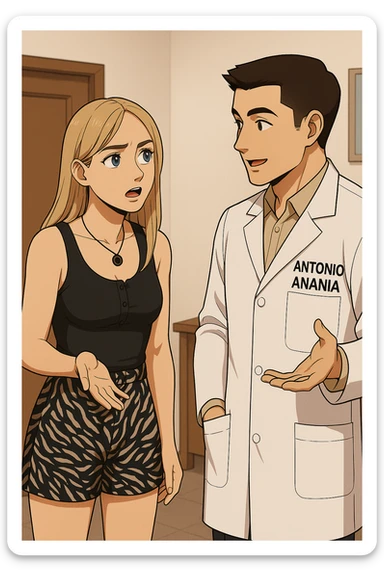 fai un webtoon/manga a colori con questo kinesiologo in camice bianco (fagli la scritta "ANTONIO ANANIA" SUL CAMICE) CHE PARLA CON QUESTA RAGAZZA CON GLI OCCHI AZZURRI. la ragazza gli fa una domanda e IL KINESIOLOGO CON IL CAMICE BIANCO LE risponde. NON FARE I FUMETTI, FAI SOLO LORO COME SE DIALOGASSERO sticker