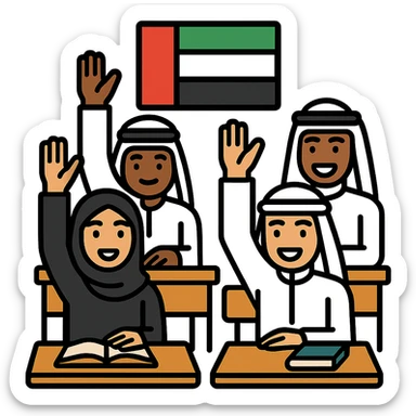 Transform the group of students to have an Emirates theme, with diverse students in traditional Emirati attire and the UAE flag present, showing class participation, with no background. sticker