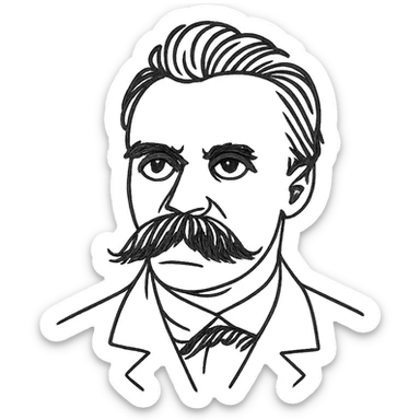 a hand drawn black outline portrait of philosopher Friderich Nietzsche with similar-sized eyes based a famous portrait of him sticker