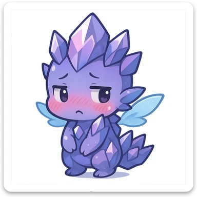 kawaii chibi style crystal sprite creature, purple, blue, and pink, with tiny magical wings, embarrassed expression, blushing and looking away sticker