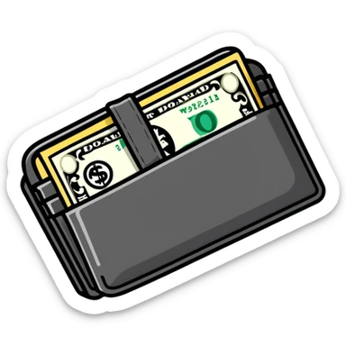 black leather wallet with dollar bills inside and a small clock in top right corner positioned over the wallet sticker