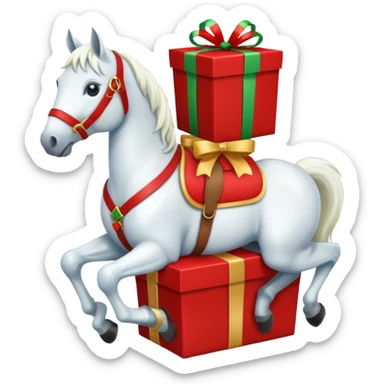 christmas new year's white horse with a red saddle with gift box on saddle sticker