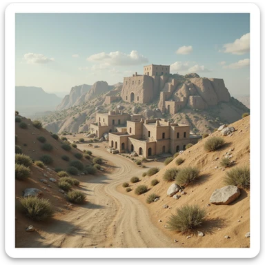 A small hilltop mesa city in the videogame dayz, screenshoot  sticker