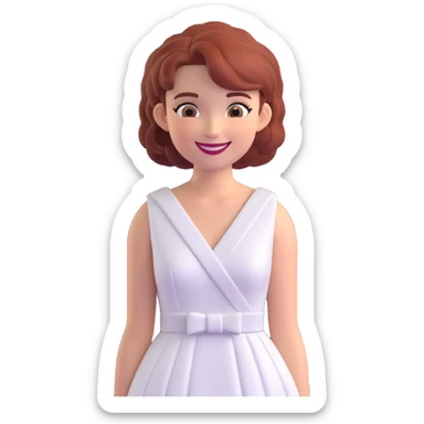 emoji style portrait of a woman with matching hairstyle, facial features, and white dress, smiling, simple or transparent background sticker