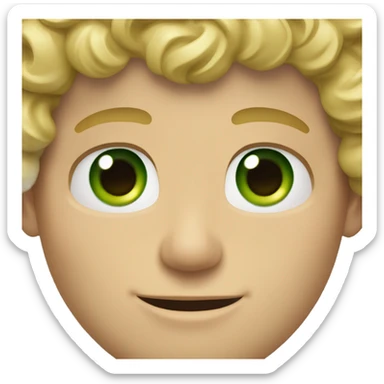 Blonde man with curly hair and green eyes and a square ja sticker