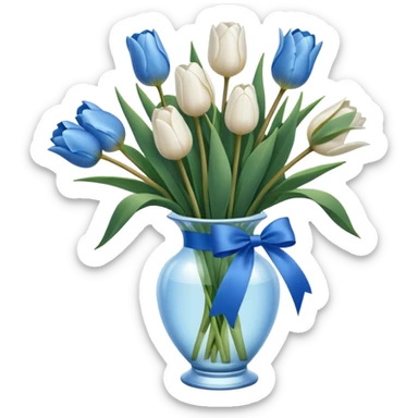 White tulips in case, with a blue ribbon sticker