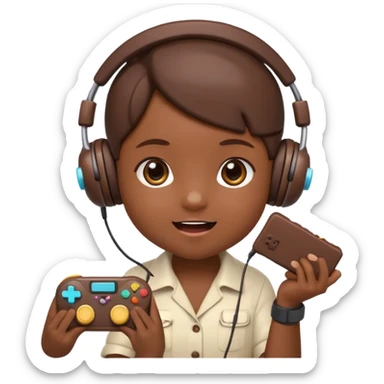 Cartoon chocolate mini pastry wearing tiny headset, holding tiny controller, focused excited eyes, chibi style, Twitch emoji style, transparent background, colorful
 sticker