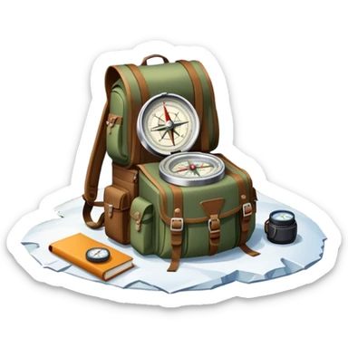 Icon for Expeditions: a compass, a map, and a backpack with trekking gear, placed on a rugged mountain terrain with snow-capped peaks. The icon should evoke the spirit of adventure and discovery in remote, unexplored places. Transparent background. sticker