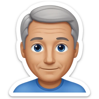 Middle aged man with tanned skin, receding dark grey hair and no beard, blue eyes, shy smile sticker