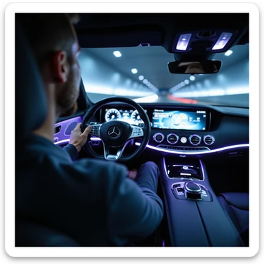 POV from driver's seat of a 2025 Mercedes-Benz S-Class, showing luxurious interior with ambient blue/purple lighting, futuristic dashboard, glowing infotainment, and realistic hand on Mercedes steering wheel. Trim reflections, dynamic shadows, blurred windshield. Hyperrealistic, cinematic, 8K. sticker