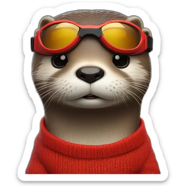 An otter weathering a red jumper with a pair of colour matching goggles looking off into the distance sticker