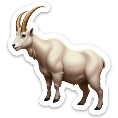 A detailed emoji-style illustration of a majestic mountain goat standing on top of a rugged mountain peak. The goat has large, curved horns and a strong stance, with a scenic background of a golden sunset. The image should capture the silhouette effect while maintaining expressive and cute emoji-like details sticker