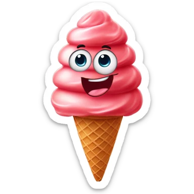 a rscoop of strawberry gelato on a sugar cone with an animated eyes and smiling mouthund  sticker