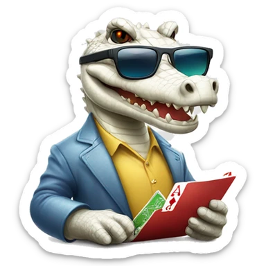 White crocodile wearing sunglasses playing poker sticker