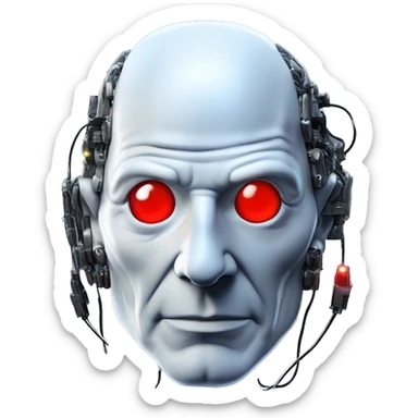 Jean luc picard from Star Trek assimilated by the Borg, with mechanical metal covering the left side of his face, with wires and a red light on the left side. His eyes are blue sticker
