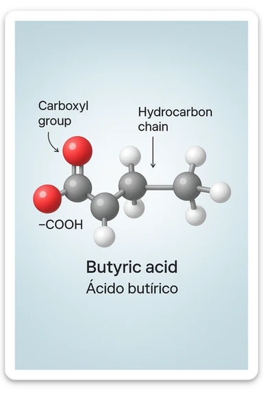the acido butirrico molecule floats in the center, with animated arrows or labels pointing to the carboxyl group and the hydrocarbon chain. The background is a soft gradient, and the overall style is clean, professional, and suitable for educational materials. sticker