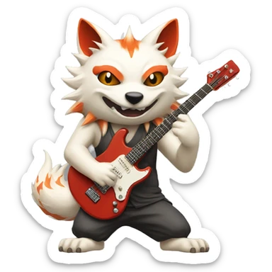 Nine-tailed Fox with japanese demon mask and Rock-guitar in paws sticker