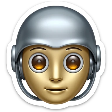 A cute futuristic robot emoji made of silver chrome, rounded friendly body, minimal facial features, glossy metallic surface, soft reflections, iOS emoji style, centered, clean white background sticker