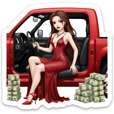 Lilith symbol red eye seductress evil long brown haired sexy succubus woman with leather long dress with slit on, sitting in Big Large F350 pickup truck. Platform long high heels on feet. Back seat full of stacks of cash, she is  Holding a human skull of her enemies and a gun in other hand sticker