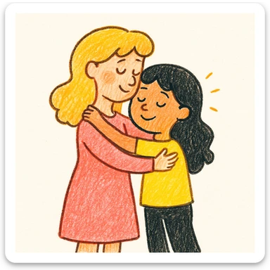 Change colors: girl with black hair and yellow t-shirt, mother with blonde hair and pink dress, in doodle style. sticker
