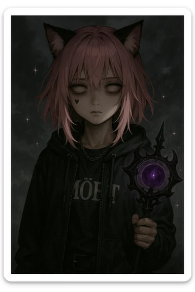 realistic anime catgirl with pink hair, emo streetwear, heart tattoo under left eye, dark magical accessory, sparkles, stormy background, subtle unsettling horror vibe with blank stare, shadowy underlighting sticker
