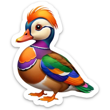 Hyperrealistic,, insane detail, 8k male Mandarin Duck,  layered feathers brightly colored plumage marked by bright orange, green, red, yellow, and purple, still life render 4k. No emoji icons, no emoji faces  sticker