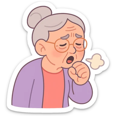 Elderly woman, visible eye bags, coughing, gentle pastel toon style sticker