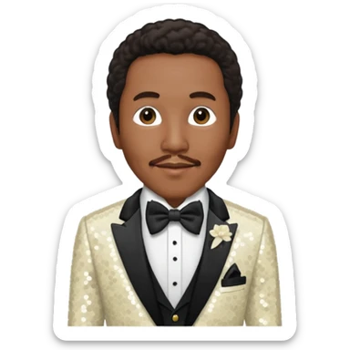 Smokey Robinson with long dark brown hair and short mustache, ivory sequin suit with bow tie  sticker