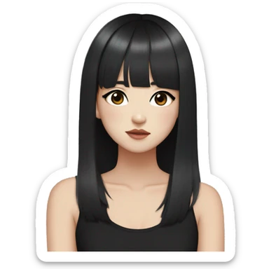 Korean girl, black tank top, black hair, black eyes, layered hair, cool girl, aesthetic, long hair, hime cut, blunt bangs, small silver hoop earrings sticker