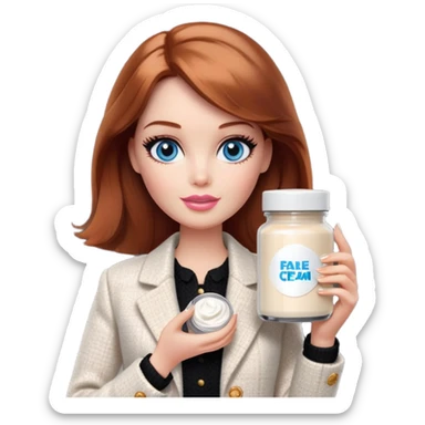 A Barbie girl with blue eyes, shoulder-length reddish-brown hair, made-up, in a white tweed jacket and black skirt, holding a jar of pale beige face cream sticker