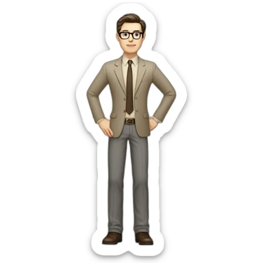 Full height Gesticulating Pale skinned fit man with dark brown hair in gray jacket, beige office shirt, brown tie, brown pants and vintage glasses. sticker
