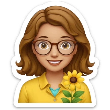 girl with a yellow blouse with flowers, with hair in waves with glasses smiling sticker
