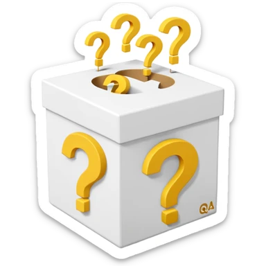 white cube shaped box printed with "q&a" over stuffed with yellow question marks sticker