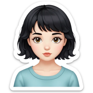 Gorgeous french woman short french haircut tousled wavy hair short straight across baby bangs black hair Amelie Beautiful Blushing Petite Girl with beautiful hair aesthetic sticker