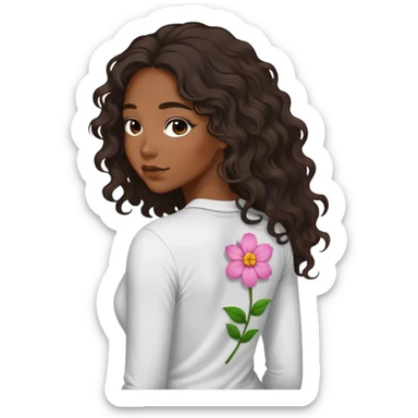 27 years old woman black long waivy hair dress in  back long sleeve shirt with tiny detailed with flower sticker