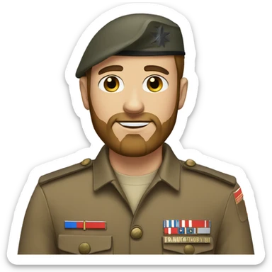 Blue eyed man, brown hair, beard, dressed in soldier uniform  sticker