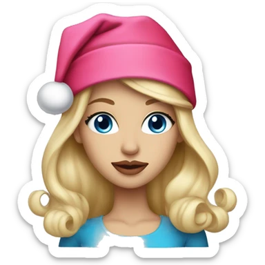 Beautiful blonde blue eyed woman, pink lips, wearing red santa hat sticker