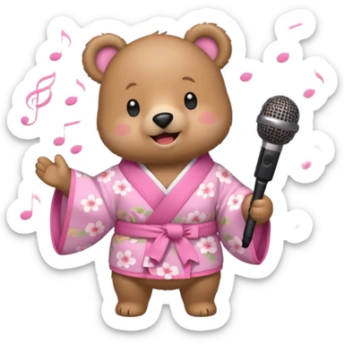 A cute light-brown bear wearing a pastel pink sakura-patterned kimono, normal balanced body ratio.  
Holding a microphone and singing happily, music notes floating around and a bright joyful smile.  
Kawaii emoji style, minimalistic clean sticker illustration, white background. sticker