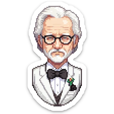 Colonel Sanders KFC, old man with white hair, white goatee, black bow tie, white suit, glasses sticker