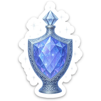 shield-shaped ultra luxurious elixir bottle, color #7986cb, multi-layered holographic and silver details, intricate crystal facets, magical radiant glowing and sparkling effects, seamless ornate bottom, very small neck, transparent background, floating, no base or shadow, modern, extremely beautiful, matching a collection sticker