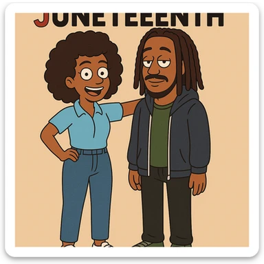 A woman Kinky hair light blue shirt blue jeans white shoes boy Dreadlocks dark brown hair green shuts navy blue zip up hoodie black jeans green shoes Bob Marley Vanessa Nakate Mae Jemison Happy JUNETEENTH sticker