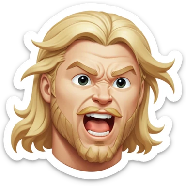 Cinematic Realistic Thor Portrait, head tilted slightly with a dramatic, wide-open yawn, revealing a relaxed yet powerful presence. The natural interplay of light accentuates his muscular contours and tender expression, balancing his legendary might with an unexpectedly human moment of repose. sticker